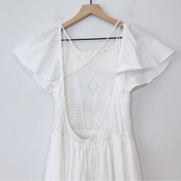New! Zara Linen Crochet Bohemian Open Back Tiered Ruffle Sleeve White Maxi Dress - Picture 7 of 13